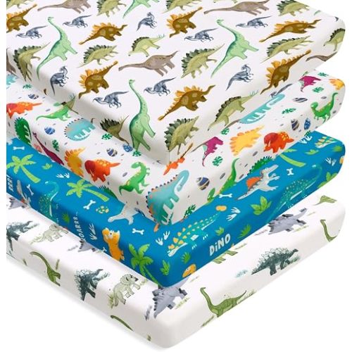 4 Pack Baby Boy Pack N Play Mini Crib Sheets Soft Fitted Baby Boy Mattress Covers Construction Truck or Dinosaur Theme Breathable Toddler Sheets for Infant (Dinosaur, Pack N Play Mini Crib Sheets)
