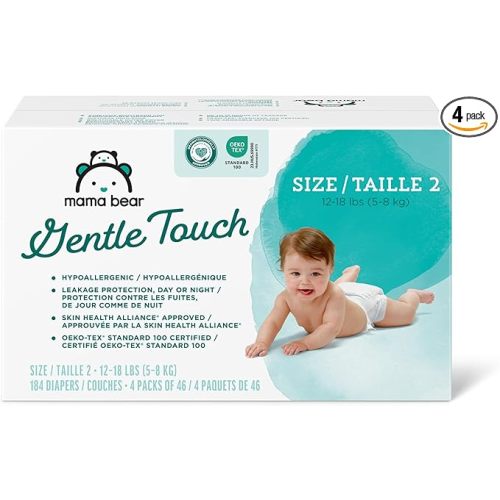 Amazon Brand - Mama Bear Gentle Touch Diapers, Hypoallergenic, Size 2, 184 Count (4 packs of 46) - Size 2 (184 Count)