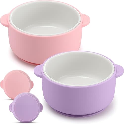 Domensi 2 Sets Kids Porcelain Bowls with Suction Sleeves Toddler Suction Bowl Upgrade Durable Microwave Dishwasher Safe Cereal Soup Snack Dishes for Baby Children Feeding Supplies (Pink Purple)