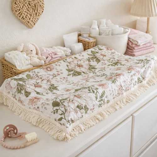 Floral Muslin Baby Blanket with Fringe | Vintage Botanical Swaddle | Soft Lightweight Cotton Nursery Blanket | Neutral Baby Gift