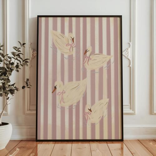 Pink Swan Print, Coquette Wall Art, Swan Wallpaper Art, Nursery Print, Vintage Inspired Pink Decor, Feminine Wall Art