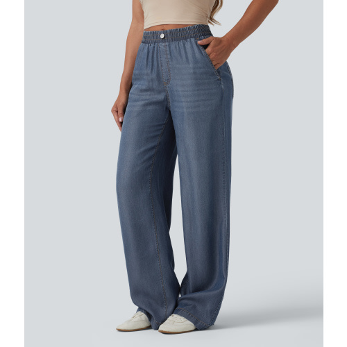 Mid Rise Draped Casual Straight Leg Jeans with Pockets