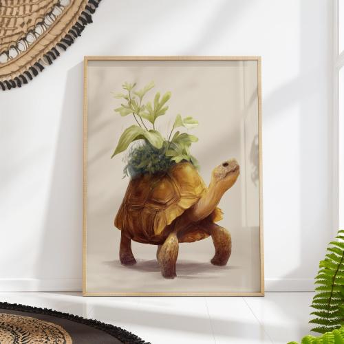 Tortoise Turtle Botanical Print, Whimsical Animal Wall Art, Plant Terrarium Nursery Poster