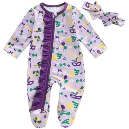 Newborn Baby Romper Infant Girl One-piece Outfit Waffle Ruffle Zip Footie Spring Summer Clothes With Bow Headband