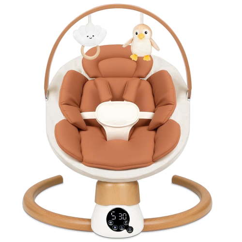 PRVAETU Electric Baby Swing for Infants, Portable Swing with Bluetooth,5 Speeds,3 Timers,10 Lullabies,5-Point Harness,Remote Control,Brown