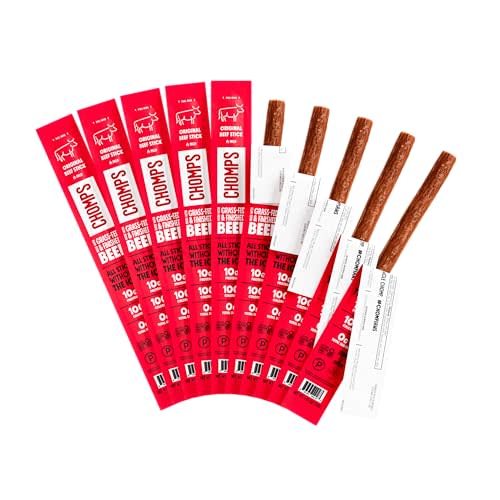 Chomps Grass-Fed and Finished Original Beef Jerky Snack Sticks 10-Pack - Keto, Paleo, Whole30, 10g Lean Meat Protein, Gluten-Free, Zero Sugar Food, Non-GMO