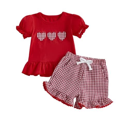 Sprifallbaby Toddler Baby Girl Valentines Clothes Love Heart Embroidery Ruffled T-shirt and Plaid Shorts Summer Outfit Set