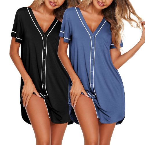 Ekouaer Nightgowns for Women 2 Pack Button Down Sleep Shirts Short Sleeve Night Shirts V Neck Sleepwear Soft Pajama Dress