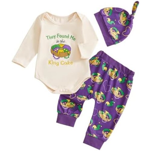 Infant Baby Boy Mardi Gras Outfit Letter Cake Embroidery Carnival Long Sleeve Romper Print Long Pants Hat 3PCS Set