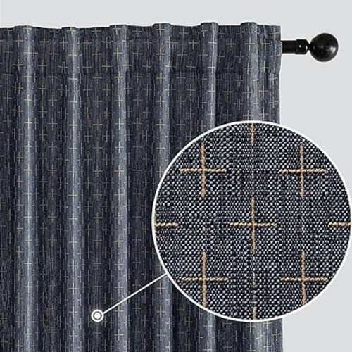 MIULEE Decorative Back Tab Linen Curtains with Geometric Pattern for Living Room Bedroom Farmhouse Rustic Thick Woven Textured Patterned Mudcloth Drapes 72 Inches Long 2 Panels Set, Blue