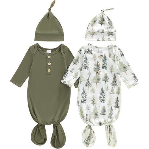 woshilaocai 2 Pack Baby Boy Girl Gown Sleeper Newborn Knotted Nightgown and Hat Set Infant Sleepwear