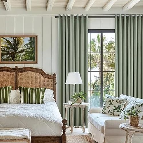 84 Inch Blackout Linen Curtains 2 Panels for Bedroom Thermal Insulated Black Out Darkening Curtains Sage Green Drapes for Bedroom Living Room Bronze Grommet Top White Lining 52x84 Inch