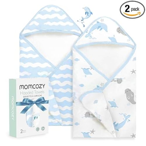 Momcozy Baby Towels, Soft Absorbent Bath Towel for Newborn&Toddler,Whale | Soft&Absorbent Bath Towel Set,Gentle on Baby's Skin,Unisex Baby Essential