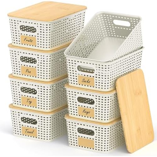 Stackable Storage Basket: Plastic Baskets Bins, Baskets for Organizing, Pantry Decorative Containers for Closets, Cabinets, Shelves(8 Pack, White)