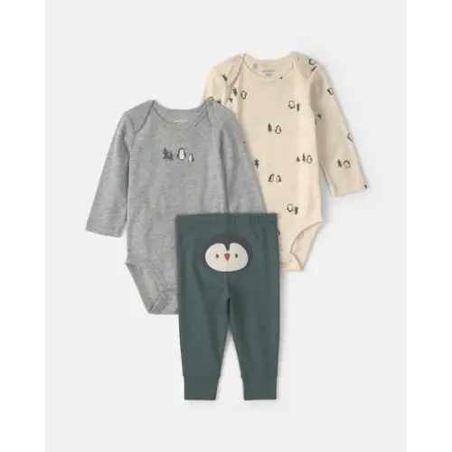 Baby Boy 3-Piece Penguin Long-Sleeve Bodysuit & Pant Set - Green/Grey/Cream | Carter's