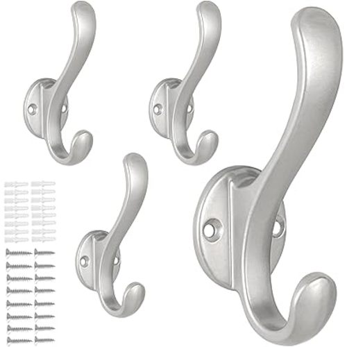 4 Pack Coat Hooks Wall Mount Heavy Duty Utility Retro Double Hooks for Hanging Coats,Hat, Towel, Key, Robe, Scarf, Bag, Cap (Silver)