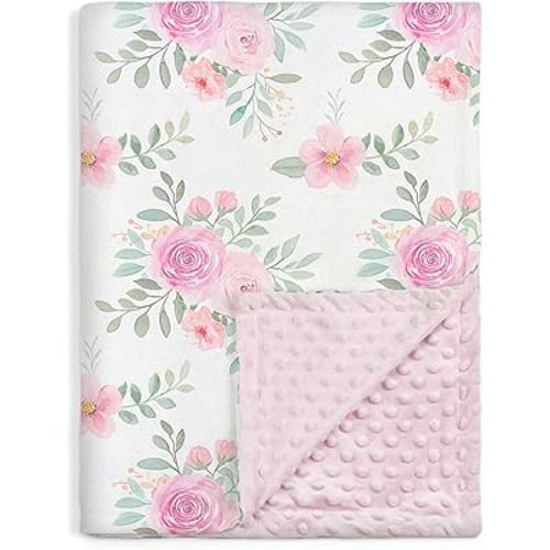 Floral Minky Baby Blanket 30 x 40 Inches for Girls, Soft Plush Receiving Blanket with Dotted Back, Gift for Newborn Infant Toddlers, Baby Shower, Christmas Birthday