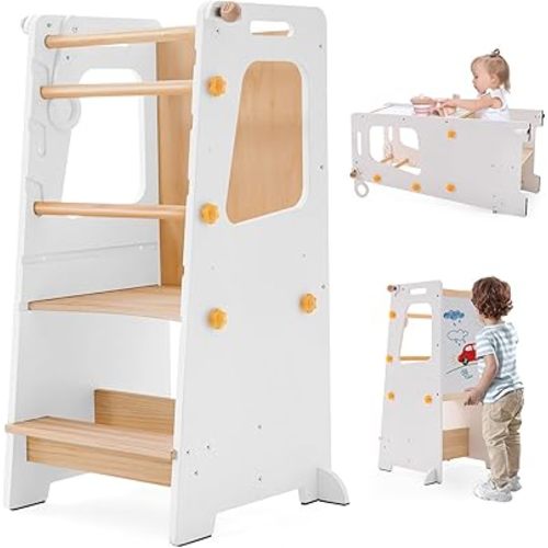 4 in 1 Toddler Kitchen Tower, Kids Kitchen Stool Helper, Standing Tower with Convertible Table and Chair, Toddler Step Stool with Adjustable-Height,Whiteboard and Safety Rail for Counter Sink (White)