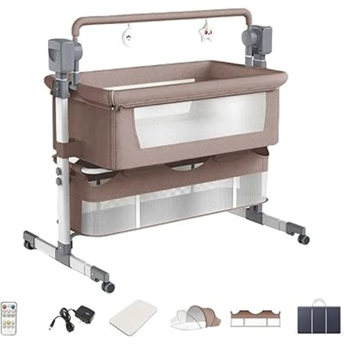 Electric Bluetooth Smart Crib, Next to Me Baby Bedside Crib for Newborn, Bassinet Cradle with Lullaby Music, Baby Co-Sleeper Cot with Mattress, Remote and 5 Swaying Gears (MG601-Khaki-J)
