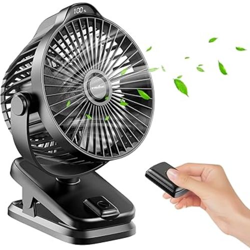 Small Clip on Fan with Remote Control | 8000mAh Battery | 5 Speeds | 5" Portable Rechargeable Mini Desk/Table Fan for Baby Stroller, Outdoor Camping, Tent, Desktop, Bedroom, Living Room, Office, Dorm