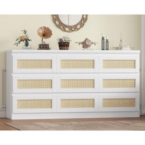 Farmhouse 9-Drawer Dresser with Rattan Accents, Wooden Storage Cabinet