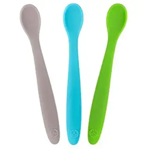 WeeSprout Silicone Baby Spoons - First Stage Infant Feeding Utensils With Soft-Tip, Bendable Kitchenware for Parent & Self-Feeding, Ultra-Durable, Dishwasher Safe, Travel Case, Set of 3