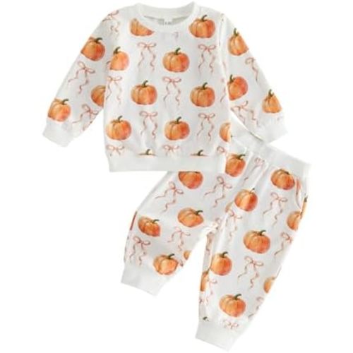 Kaipiclos Baby Girl Fall Clothes 6 12 18 24 Month 3T Halloween Baby Outfit Pumpkin Bow Crewneck Sweatshirts Joggers Pants Set