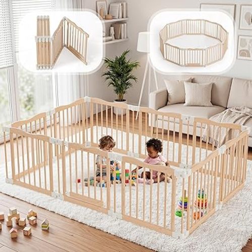 Foldable Wooden Playpen - Adjustable Wood Baby Play Yard with Door, Indoor Large Safety Fence for Babies and Toddlers - Easy Assembly, 83 x 55 x 24 inches, Nature Nest