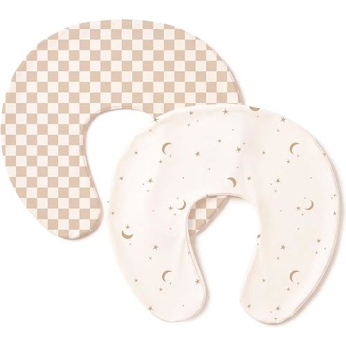 Konssy 2 Pack Nursing Pillow Covers, Stretchy and Soft Nursing Cover for Breastfeeding Pillows, Pillow Slipcover for Baby Girls Boys Newborn (Moon,Coffee Check)