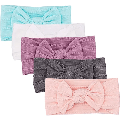 Parker Baby Cable Knit Nylon Headbands 5 Pack | Soft, Stretchy & Comfortable Bows for Girls | Adjustable, Soft to Touch & Knotted Headbands for Baby Girls | Baby Headwraps for Girls | Multiple Colors
