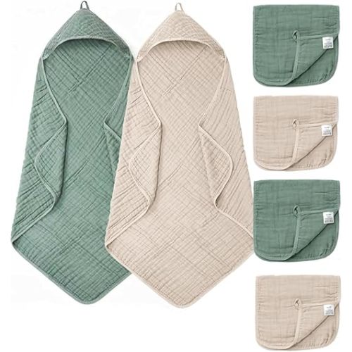 6 PCS Baby Towels and Washcloths Set, 2 PCS XL 35x35 Inch Baby Hooded Towels & 4 PCS Washcloths Set, Ultra Soft & Highly Absorbent Bath Bath Towel for Newborn, Infant & Toddler, Shower Gifts