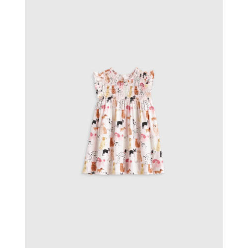 100% Organic Cotton Poplin Smocked Flutter Sleeve Dress - Baby Girl in Pink Puppy Pals