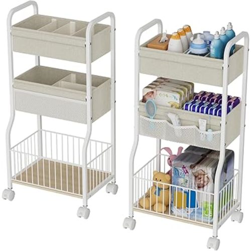 NEYCIL 3-tier Baby Diaper Caddy Organizer and Storage Cart with 4+3 Dividers, Metal Utility Cart with Lockable Wheels for Nursery, Bedroom, Bathroom, White