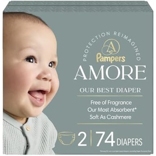 Pampers Amore, Size 2 (10-22 lbs), 74 Count, Our Best Diaper – Hypoallergenic & Fragrance Free, Up to 100% Leakproof, Soft as Cashmere