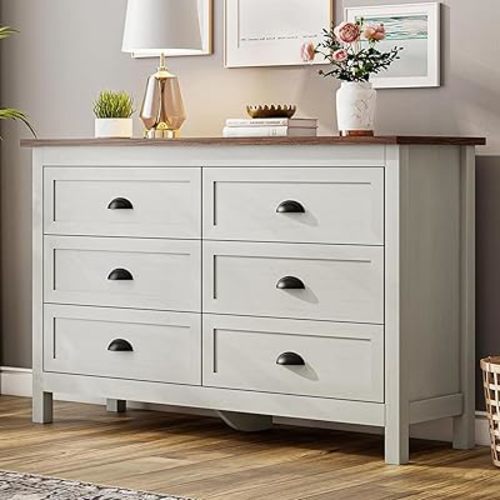 Wananlanen® Farmhouse Dresser for Bedroom, Antique Double Dresser & Chest of Drawer with Vintage Handle and Storage, Wooden Tall Rustic Organizer for Bedroom (Antique White, 6 Drawer)