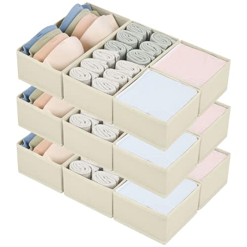 DIMJ Drawer Organizers - Set of 12 Fabric Closet Organizers and Storage, Drawer Dividers for Baby Clothes, Socks, Belt, Tie (Beige)