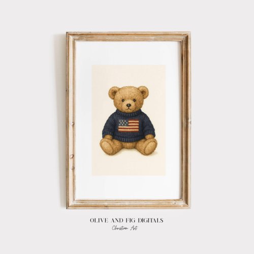 Vintage Teddy Bear Nursery Art Print: Americana Style, Navy Blue Sweater (Digital Download)