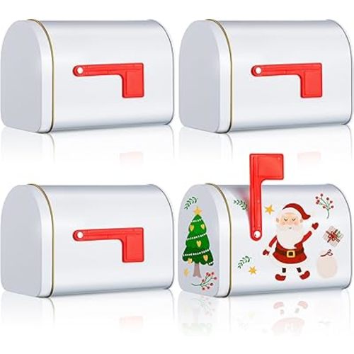 Lounsweer Mini Tinplate Mailbox Toy Small Mailbox Toy with Raised Signal Flags Post Mount Mailboxes for Boys and Girls Christmas DIY Projects for Preschoolers Gift Exchange Activities (White,4 Pcs)