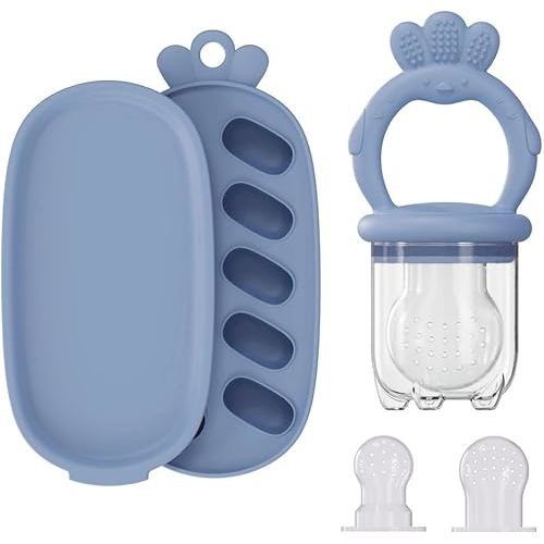 Baby Food Fruit Feeder with Freezer Tray Breastmilk Popsicle Molds Silicone Fruit Feeder for Self Feeding Teething Relief Toys (Blue)
