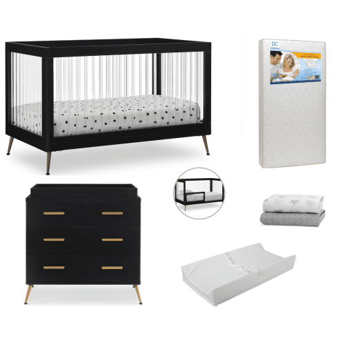 Delta Children Sloane Crib 7-Piece Baby Nursery Furniture Set–Includes: Convertible Crib, Dresser, Changing Top, Crib Mattress, Fitted Sheets, Toddler Guardrail & Changing Pad, Black w/Melted Bronze