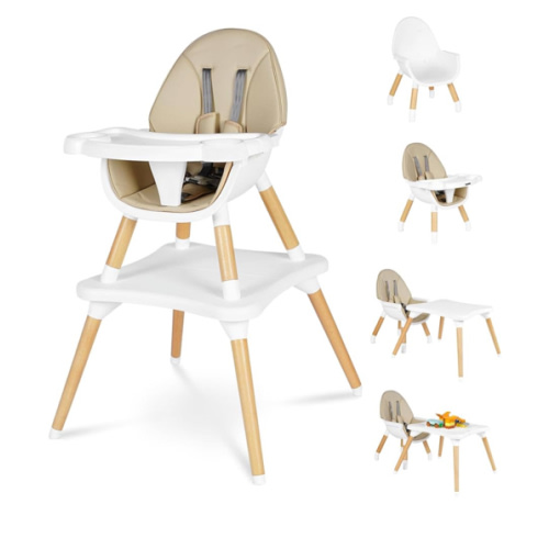 6 in 1 High Chair for Babies & Toddlers, Convertible Wooden Baby Highchair, Table and Chair Set, Baby Feeding Chair, 5-Point Adjustable Harness/4-Position Removable Tray& PU Seat Cushion(Beige)