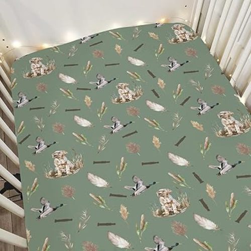 Duck Hunting Hunter Baby Crib Sheets for Boy Girl 52"x28" Flying Mallard Ducks Dog Reef Feathers Soft Snug Fitted Crib Mattress Cover Wild Bird Nursery Baby Sheet for Crib & Toddler Bed Mattress