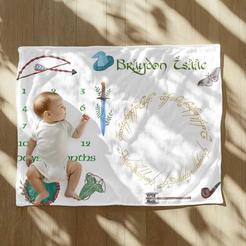 Personalized Fantasy Baby Milestone Blanket | Shire-Inspired Monthly Growth Chart. Personalization: Oliver Jacob