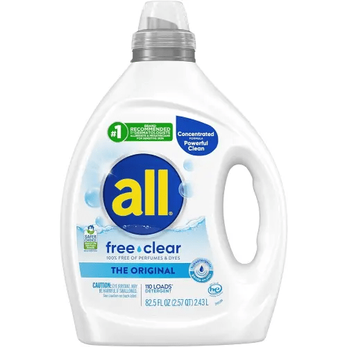 all free clear, Original, Liquid Laundry Detergent for Sensitive Skin, Unscented and Hypoallergenic, Concentrated, 82.5oz, 110 Loads
