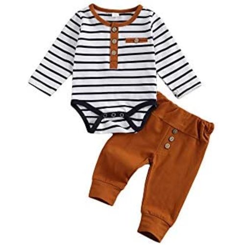2Pcs/Set Newborn Baby Boys Outfit Long Sleeve Striped Bodysuit Romper Solid Pants Fall Winter Clothes