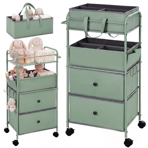 FoldTier 3-in-1 Baby Diaper Caddy Cart, 4 Tier Rolling Nursery Cart, Green | Large Capacity Baby Organizer with Removable Caddy, Dividers and Lockable Wheels for Nursery, Bedroom and Newborn Essentials