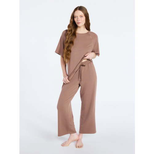 Joyspun Women's French Terry Lounge Sleep Short Sleeve Top and Capri Pants Set, 2 Piece, Sizes XS-3X