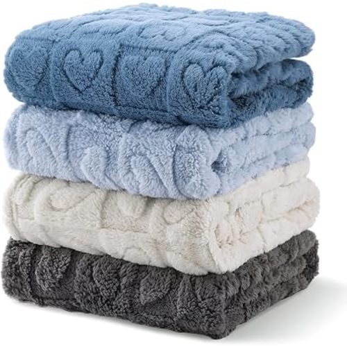 4Pcs Baby Blanket Heart Checkered,Plush Fluffy Fleece,Blue Set