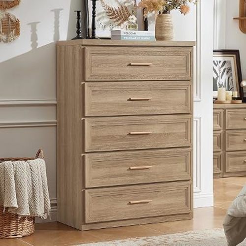 RWYHG Dresser for Bedroom 5 Drawer 45" Tall with Gold Handle Closet Storage