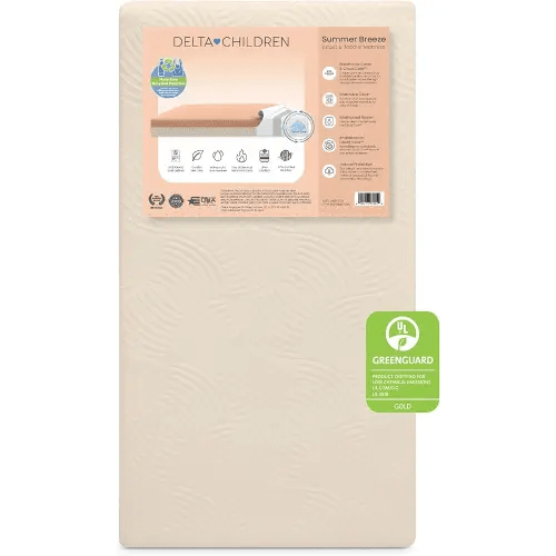 Delta Children Summer Breeze Mattress - Breathable Baby Crib & Toddler Mattress with Cloud Core - Machine Washable Cover - GREENGUARD Gold – Waterproof - Sustainably Sourced Core, Apricot/White